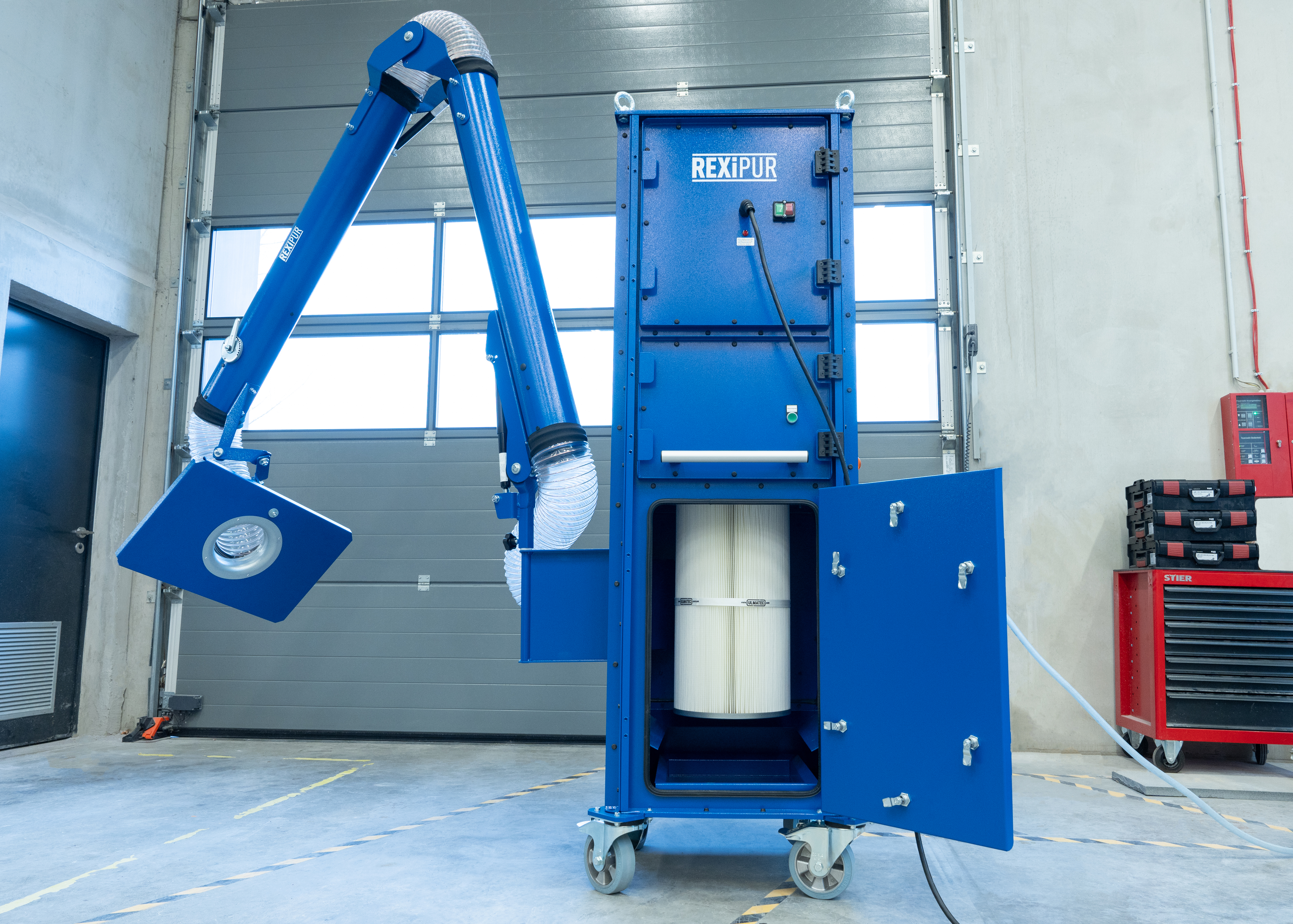 Set: Mobiler Arbeitsplatzentstauber REXIPUR 4.1 mit integrierter Absaugwand + 1x Absaugarm REXIPUR 4.1 Anschluss ø 150 mm / 3 m mit Drosselklappe (gebraucht)